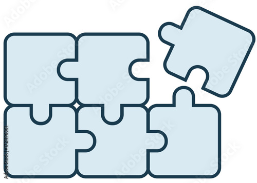An unfinished jigsaw puzzle with five connected pieces and one separate piece about to be placed. Represents concepts like teamwork, problem-solving, and completion.