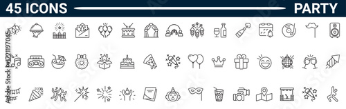 Party methode line icon set. Includes life music, Christmas, birthday, wedding party. Editable stroke. Vector illustration