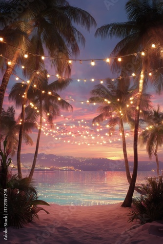 Beautiful Beach Pathway Decorated With Lights at Sunset by the Ocean.