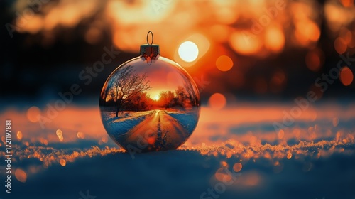 Reflective Ornament Captures Sunset Over Snowy Road During Winter Season