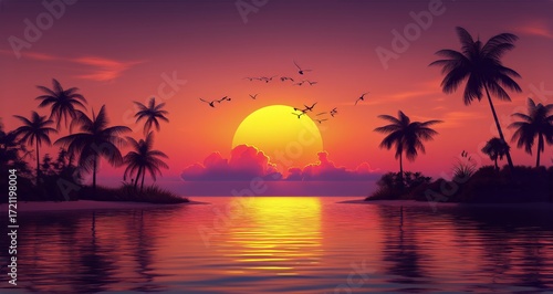 Sunset Over a Calm Beach With Silhouettes of Palm Trees and Birds Flying in the Evening Sky