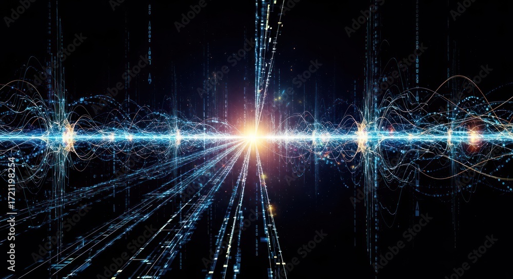 Fototapeta premium Digital communication data streams with light in black background