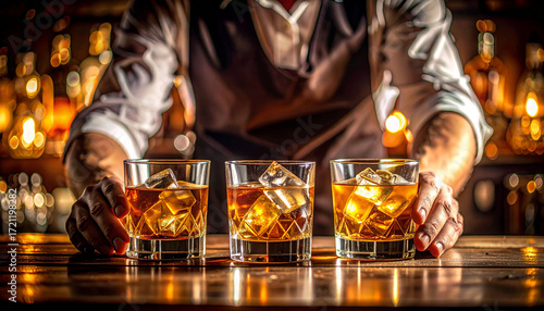 Bartender Preparing Whiskey Cocktails at Bar