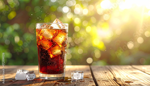 Glass of Cola with Ice on Wooden Table