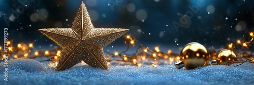 Golden Star Decoration Beside Shiny Ornaments and Twinkling Lights in a Winte...
