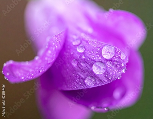 A beautiful closeup of purple, pink, and violet flower petals glistening with water drops, capturing the beauty of nature in macro detail during spring bloom