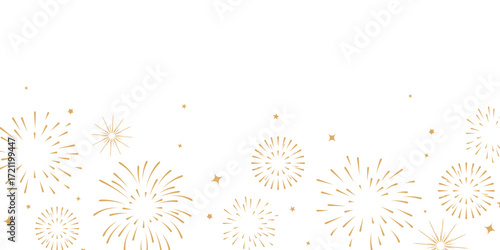 Golden Fireworks. Festive fireworks with stars and sparks isolated on white background.