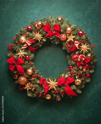 Bright and Festive Christmas Wreath Adorned With Red Bows and Golden Ornaments