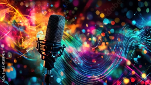 Vibrant Microphone in a Colorful Symphony:  A Captivating Image of Music and Energy