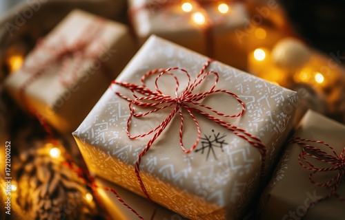 Gift Boxes Wrapped in Festive Paper With Red Twine, Surrounded by Warm Lights...