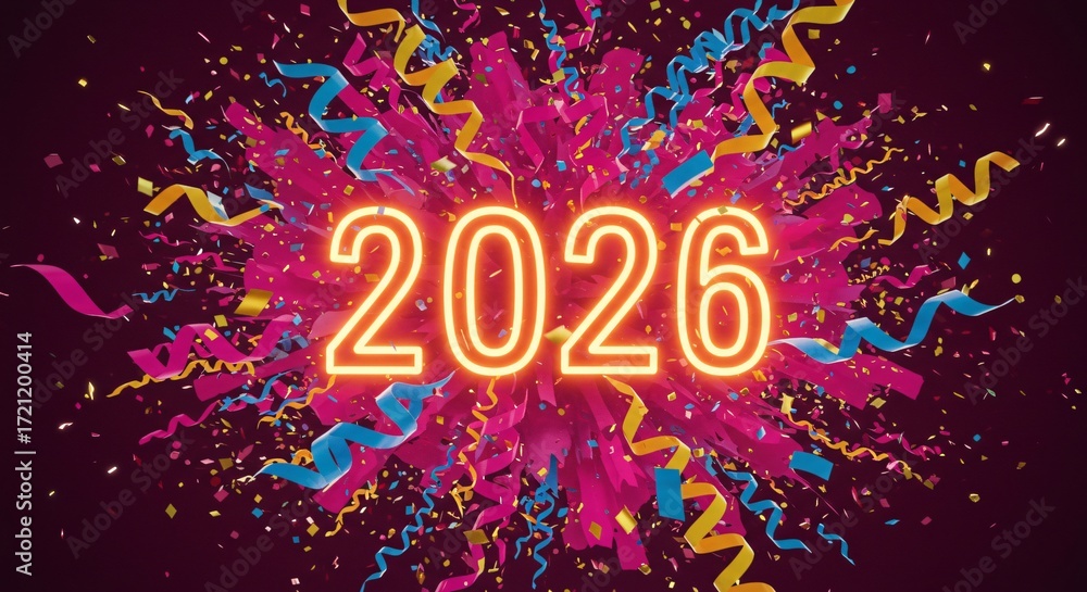 Fototapeta premium Vibrant 2026 Glowing Numbers Surrounded by Festive Confetti and Streamers