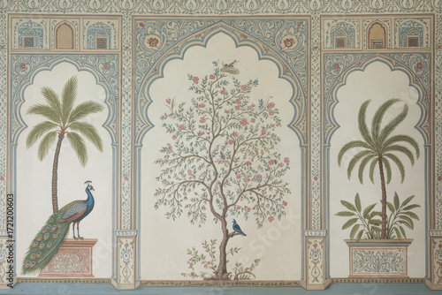 Watercolor painting of a mughal palace wall with peacocks, palm trees, and a flowering tree in arches