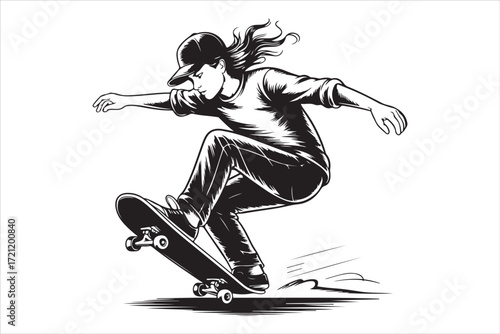 Skateboarder in Action – Monochrome Vector Illustration