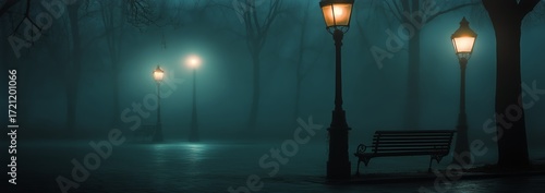 Mysterious Foggy Night in a Quiet Park With Glowing Street Lamps and an Empty...