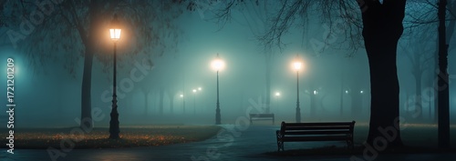 Mysterious Foggy Night in a Quiet Park With Glowing Street Lamps and an Empty...
