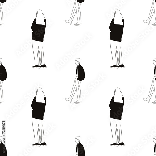  Pattern silhouettes of people drawn by brush. Brush strokes in the form of black silhouettes of people,silhouette of man on white background.