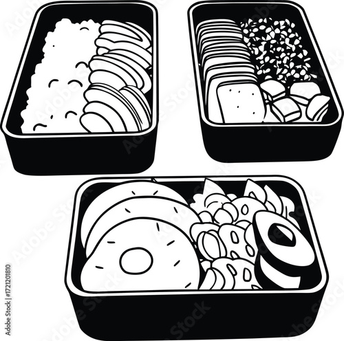 Black and white vector illustration of sushi and plate of food