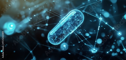 Digital Representation of a Futuristic Capsule Amidst Glowing Connections and...