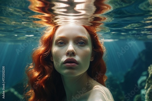 A mermaid reflected in a cracked underwater mirror, her face slightly warped and ethereal. Soft light filters through water, highlighting shimmering scales and distorted reflections.