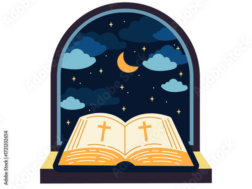 Opened Bible lies on the windowsill, a starry night outside the window. Reading the Bible before going to bed. Vector illustration on an isolated white background