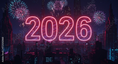 Vibrant Neon 2026 Sign Illuminates a Futuristic Cityscape at Night with Fireworks
