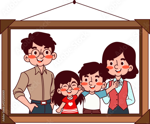 Illustration of a happy family portrait in a wooden frame, showcasing togetherness