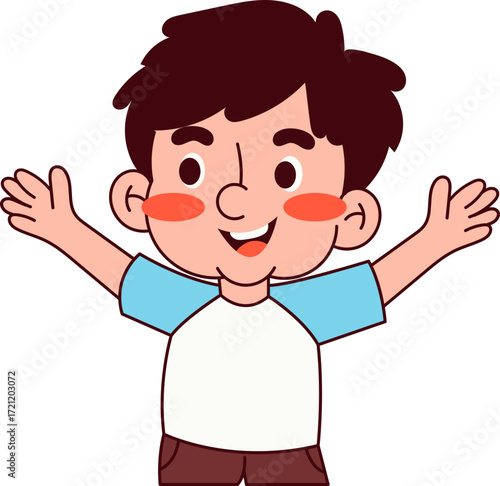 Cartoon illustration of a cheerful young boy with arms outstretched in a welcoming gesture