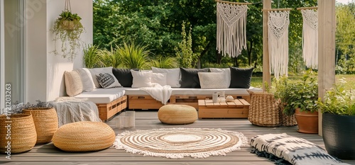 Cozy Outdoor Seating Area With Natural Decor in a Bright Garden Setting.