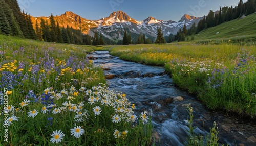 Stunning Mountain Landscape With Flowers and Flowing Stream During Golden Hou...