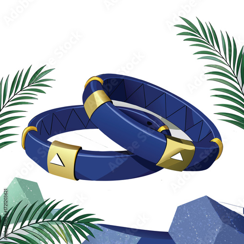 Pair of Blue and Gold Bangles with Geometric Accents and Palm Leaves bracelets