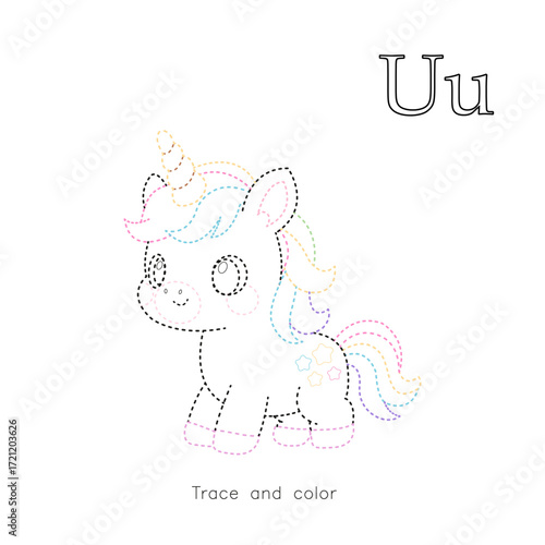 Cute unicorn outline worksheet with dotted lines for kids to trace and color. Educational alphabet activity page with letter U for preschool learning and coloring.
