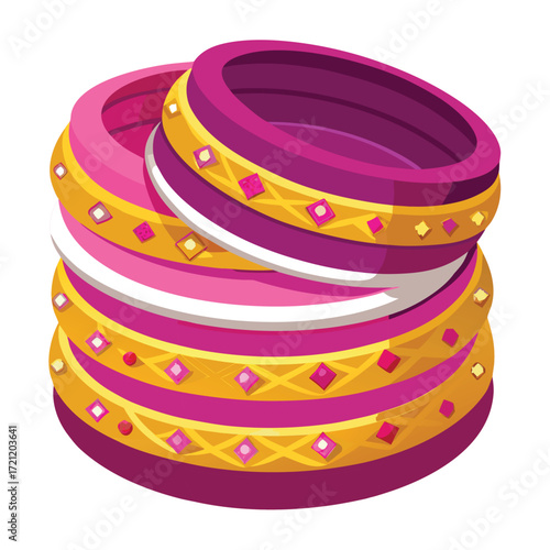 Stack of colorful bangles with gold accents and pink gems bracelets jewelry