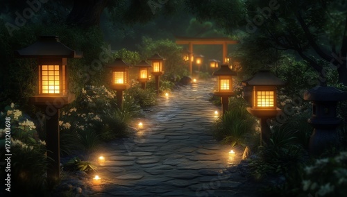 Serene Garden Path Illuminated by Lanterns at Twilight Near a Traditional Tor...