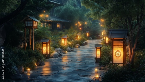 Serene Evening Stroll Along a Lantern-Lit Path in a Tranquil Garden Setting