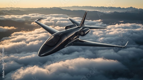 A sleek black private jet soaring above a sea of clouds with mountains in the distant background