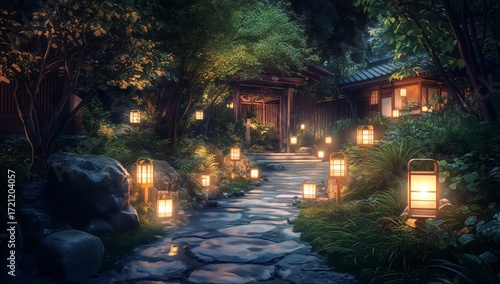 Serene Evening Stroll Along a Lantern-Lit Path in a Tranquil Garden Setting.