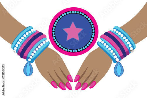 Two brown hands adorned with colorful bangles and pink nails with a blue and pink star emblem