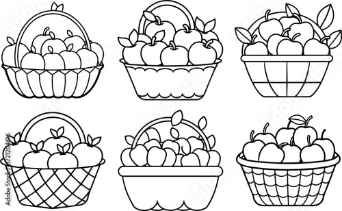 Set of basket of apple fruit outline vector and illustration line art 