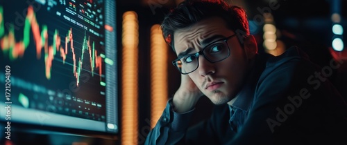 Trader Analyzing Stock Market Trends in a Modern Office During Early Evening ...