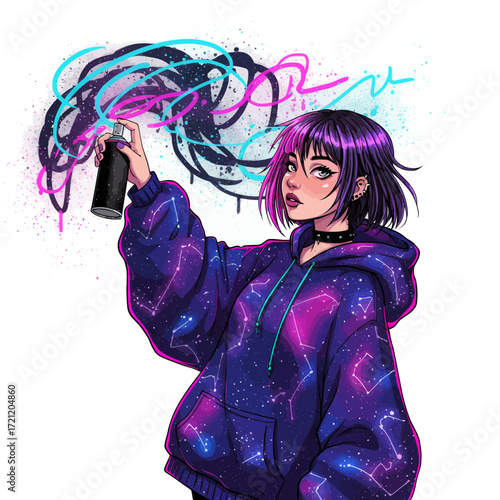 Young woman in a galaxy hoodie spraying graffiti art with vibrant colors on a white background, digital illustration