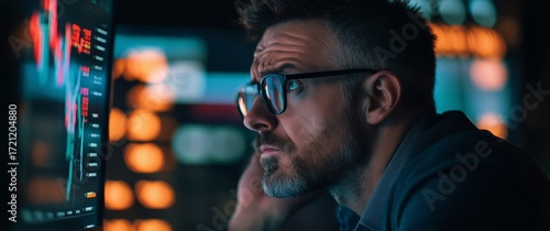 Focused Trader Analyzing Stock Market Trends in a Dimly Lit Office.