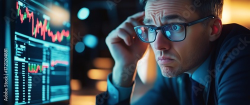 Focused Trader Analyzing Stock Market Trends in a Dimly Lit Office