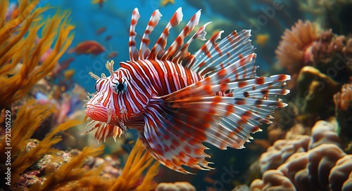 Colorful Lionfish Swimming Near Coral Reef in Vibrant Underwater Scene