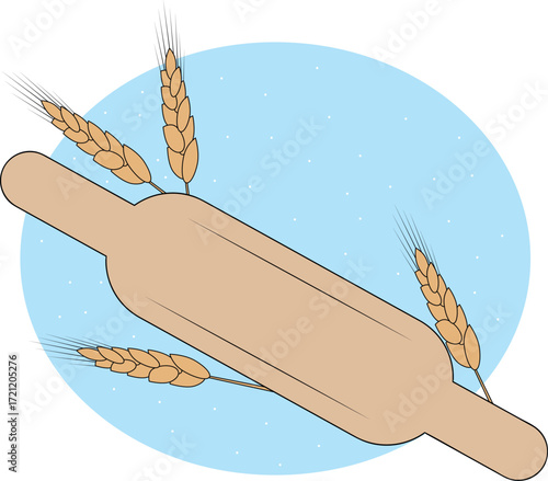 Illustration of a wheat ear with a rolling pin on a blue background