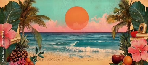 Vibrant Beach Scene at Sunset With Palm Trees and Tropical Fruits