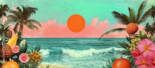 Vibrant Sunset Over Tropical Beach With Palm Trees and Colorful Fruits in the...