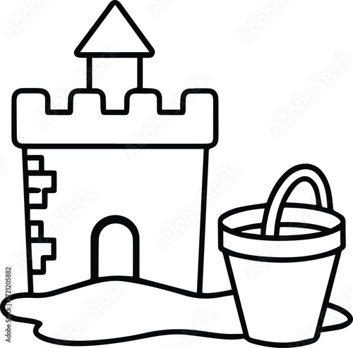 sand castle and bucket outline vector and illustration line art
