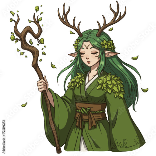Enchanting Forest Nymph Illustration with Antlers and Flowing Green Robe Holding a Twig Staff