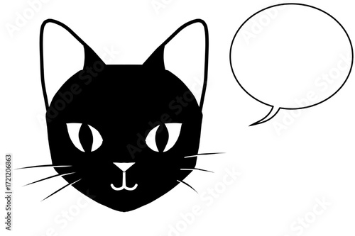 シンプルに描かれた黒猫の顔のベクターイラスト。ひげと鼻と口がモノクロ線画で表現され、アイコンやデザイン素材として使いやすい猫のイラスト｜猫,黒猫,顔,ひげ,鼻,ベクター