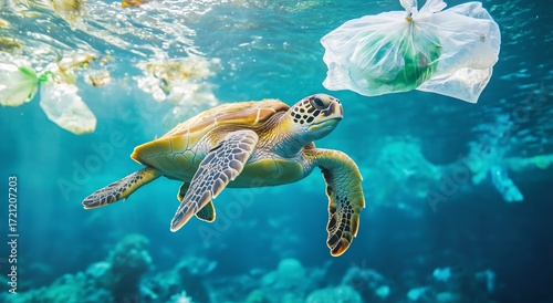 Turtle Swims Through Ocean Filled With Plastic Waste in Bright Sunlight Illum...